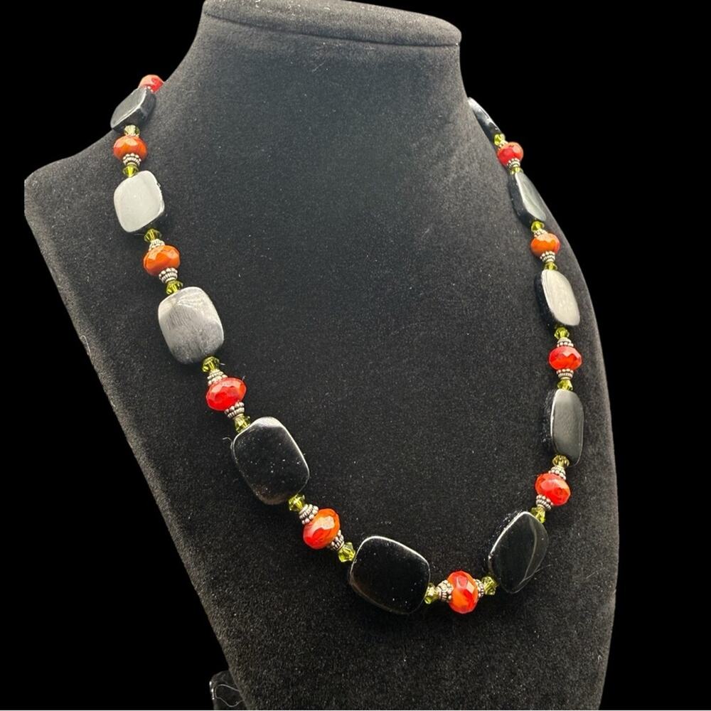Artisan Handmade Black and Red Beaded Women's Necklace Statement Jewelry 13”